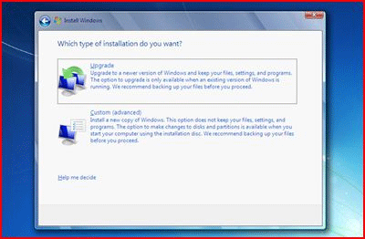 Windows 7 Setup Screen, Custom Installation